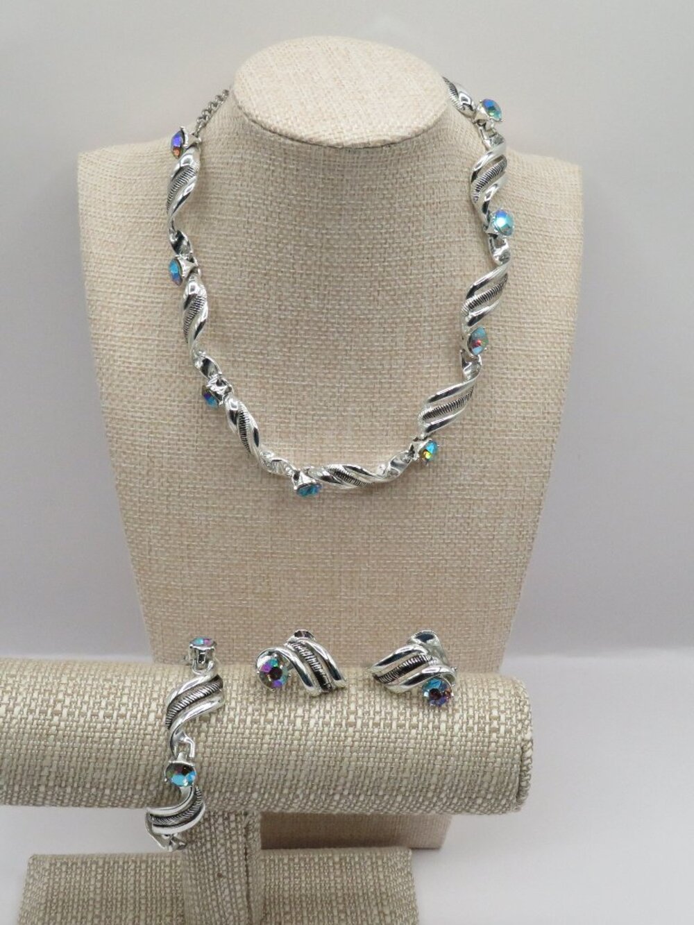 Vintage AB Rhinestone Accent Silver Tone Necklace Bracelet Earrings Set